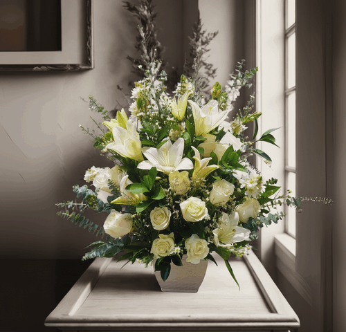 Arreglo de flores blancas con lirios y rosas en jarrón beige sobre una mesa clara, con fondo interior elegante y luz natural entrando por la ventana
