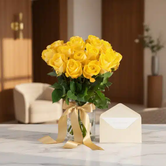 Arreglo floral Elisabetta con 18 rosas amarillas frescas en jarrón de cristal, cinta dorada, tarjeta de regalo en sobre crema