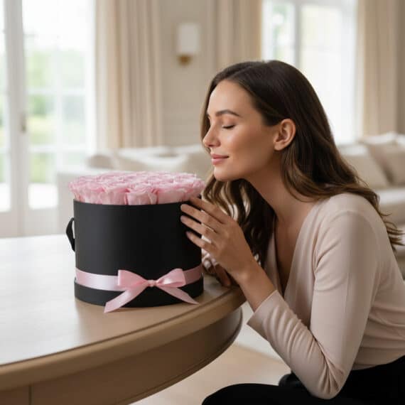 Mujer joven admirando y oliendo con deleite un Arreglo Floral Francesca de 21 rosas rosadas en una caja cilíndrica negra con