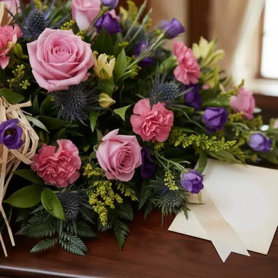 Primer plano de un arreglo floral fúnebre con rosas rosadas, claveles, cardos azules y follaje verde, con rocío sutil y una c