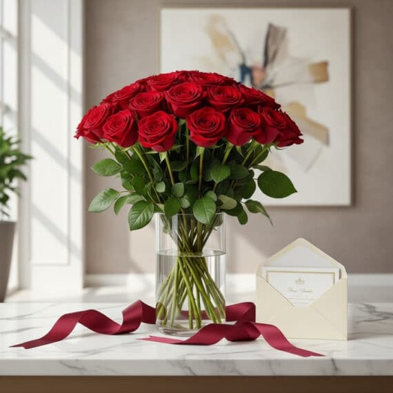 Bouquet Giordana con 24 rosas rojas frescas en jarrón de cristal, tarjeta de regalo y cinta satinada sobre mármol.