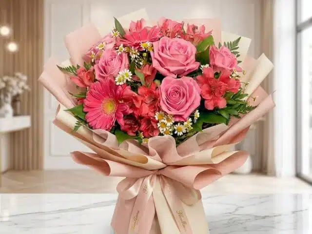 Bouquet ORLENA con rosas rosadas, gerberas fucsia y alstroemerias rojas, envuelto en papel coreano rosa claro sobre mármol bl