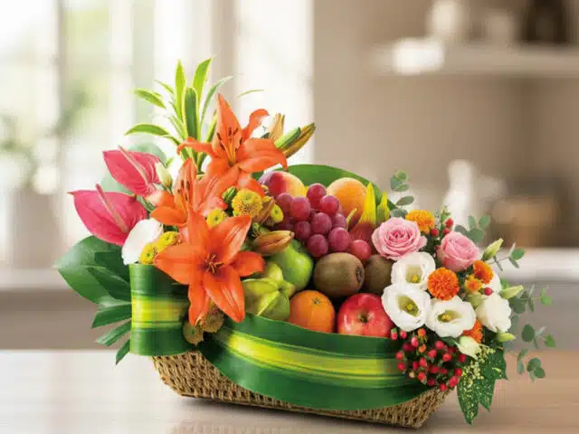 Cesta de frutas THALIA con lirios naranjas, anturios rosas, rosas, uvas, manzanas, kiwis y naranjas, sobre mesa de madera cla