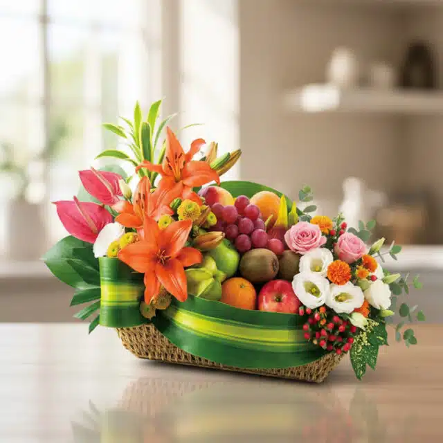 Cesta de frutas THALIA con lirios naranjas, anturios rosas, rosas, uvas, manzanas, kiwis y naranjas, sobre mesa de madera cla