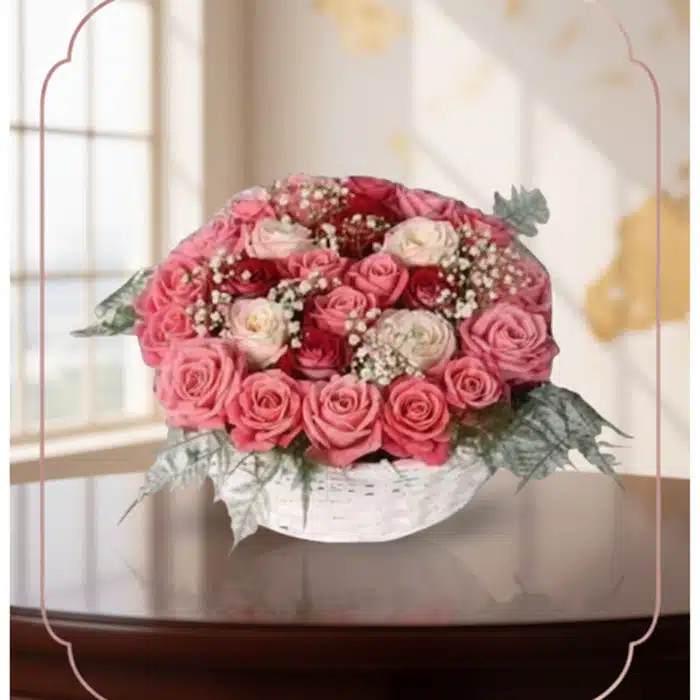 Cesta de Rosas Felicia con 21 flores bicolor, rosas rosadas y rojas, sobre una mesa de madera oscura con fondo elegante y luz