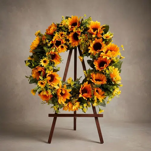 Corona fúnebre de girasoles vibrantes y follaje verde, presentada en un elegante caballete de madera oscura sobre un fondo ne