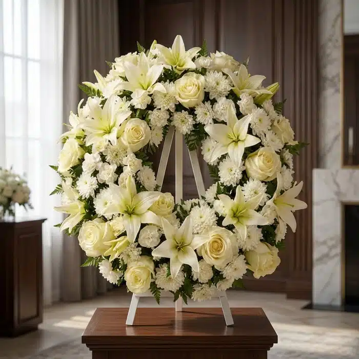 Corona fúnebre Homenaje Gadriel con lirios, rosas y crisantemos blancos, sobre un caballete en una sala de velación premium c