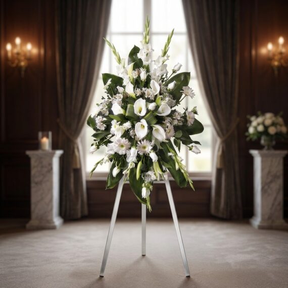 Corona Fúnebre 'Homenaje Guadalupe': Elegancia y Respeto en Cada Flor Impresionante corona fúnebre 'Homenaje Guadalupe' con lirios blancos, calas y margaritas, sobre un trípode en una sala de vel