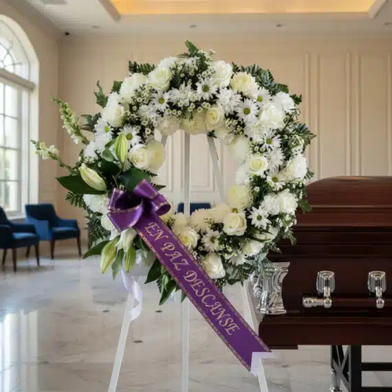 Corona fúnebre 'Homenaje Sincero' con flores blancas y cinta morada 'En Paz Descanse' junto a un ataúd en sala de velación pr
