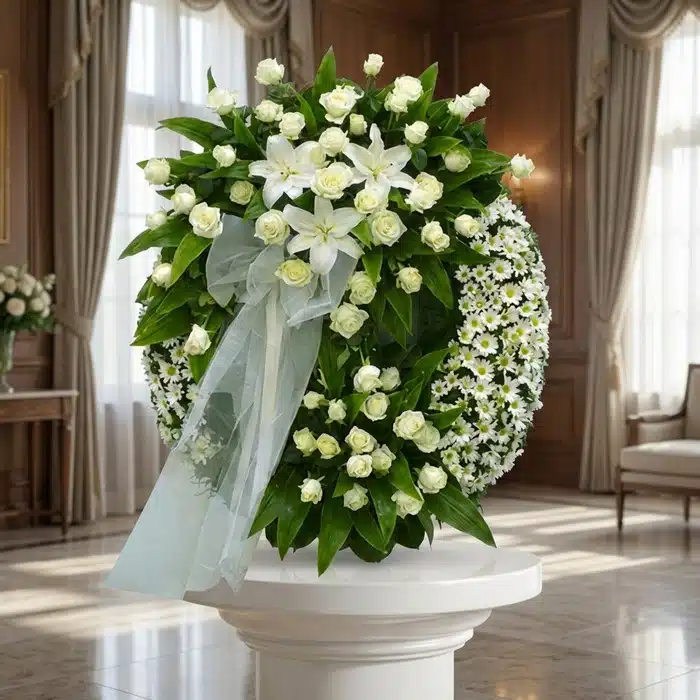 Corona fúnebre Legado Jacob con rosas blancas, lirios y margaritas, lazo de tul, en sala de velación premium con luz natural