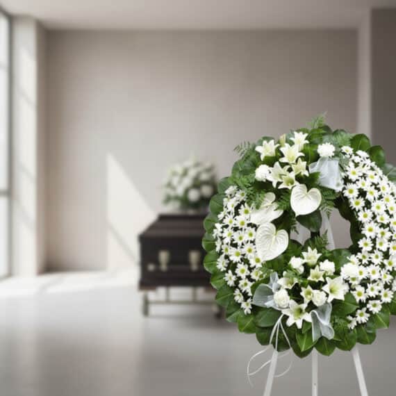 Corona fúnebre "Legado de Paz" con flores blancas, lirios, anthuriums y margaritas, en sala de velación moderna con ataúd al