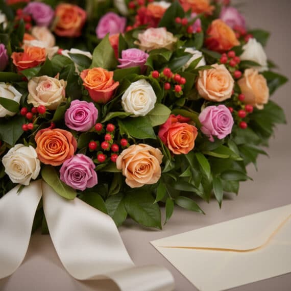 Fotografía macro premium de la Corona Fúnebre Atalia con rosas blancas, naranjas y rosadas, follaje verde con rocío sutil y u