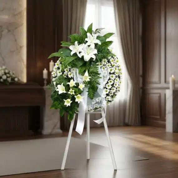 Corona de homenaje "El Vuelo de Uriel" con lirios blancos, margaritas y follaje verde, sobre un trípode blanco en una sala de