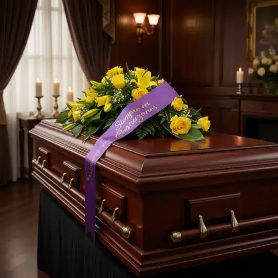Cubre caja fúnebre con rosas amarillas y lirios, adornado con una cinta morada que dice 'Siempre en nuestros corazones', en u