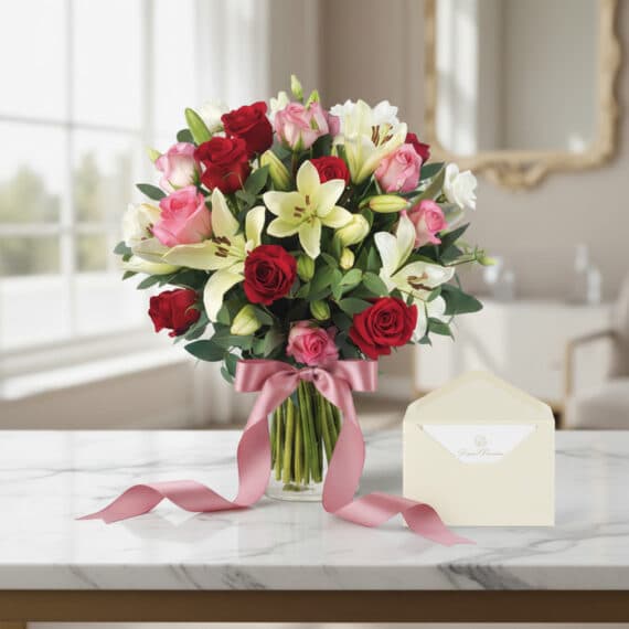 Jarron Floral GIORGIA con rosas rojas, rosas rosadas y lirios blancos, sobre mesa de mármol con tarjeta de regalo y cinta ros