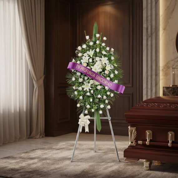 Pedestal conmemorativo Legado de Marcos con rosas blancas y lirios, cinta morada 'En Profunda Sinceridad', junto a un ataúd e