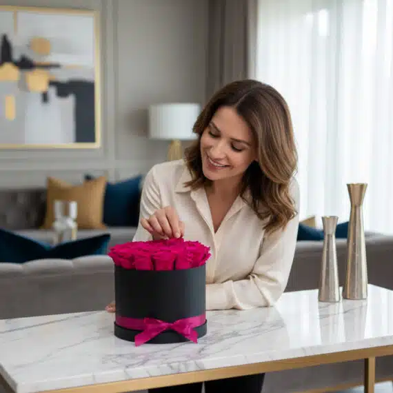 Mujer elegante admirando y tocando delicadamente un arreglo floral de 21 rosas fucsia vibrantes en una caja negra con moño fu